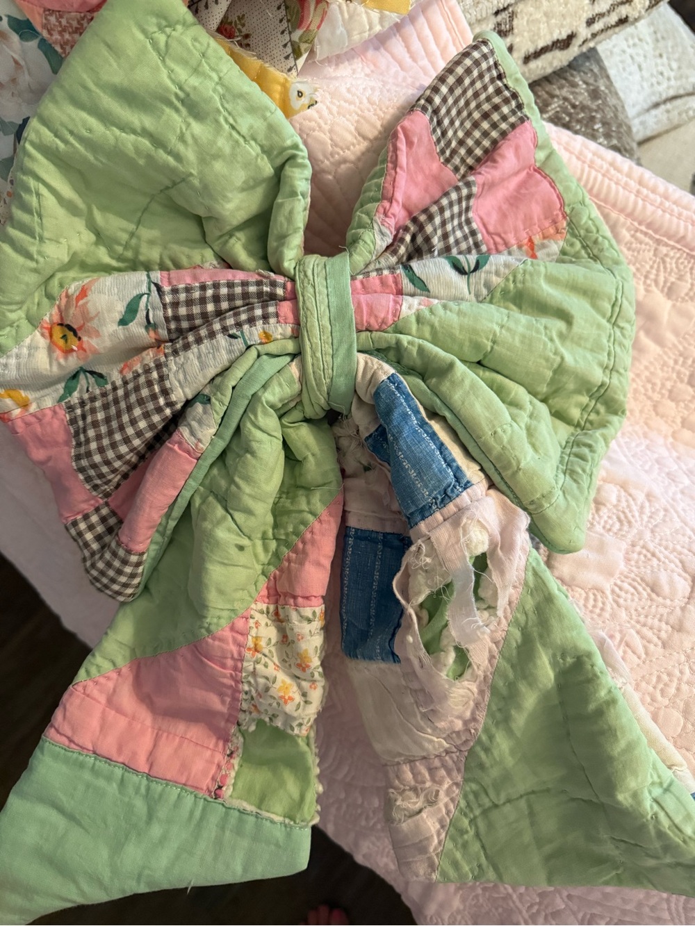 Handmade Patchwork Bow - Pastel Green & Pink